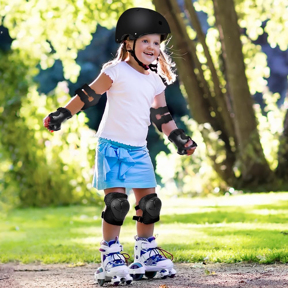 Mizikuu Protection Roller Enfant 7 en 1 Casque Vélo Kit Réglables Coudières Genouillère Protège Poignets pour 3-7 Ans Skateboard BMX Patin à Glace Noir