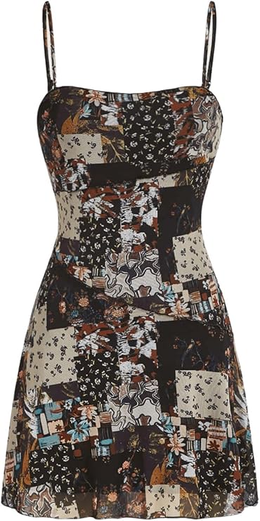 WDIRARA Women&#39;s Summer Boho Patchwork Print Spaghetti Strap Flared Short Cami Dress