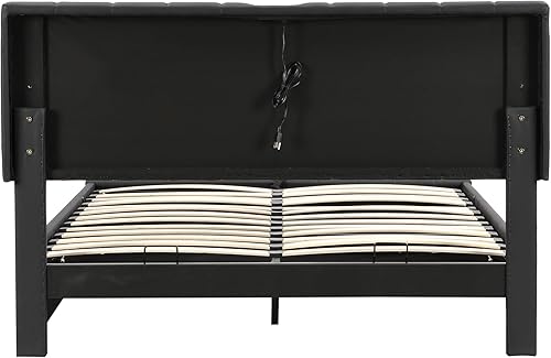 Miniatura 6 de Harper & Bright Designs Base de cama tapizada tamaño Queen con almacenamiento, moderna cama de plataforma de tamaño Queen con enchufes y puertos