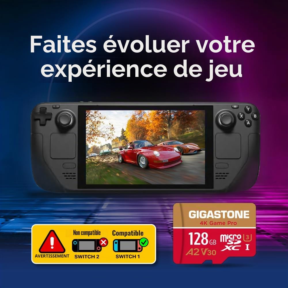 【pour Switch 1 Seulement】 GIGASTONE MicroSDXC 128 Go 2 Cartes, 4K Game Pro, Compatible avec GoPro Switch 1, Vitesse 100 Mo/s. A2 U3 V30, avec Adaptateur SD.【Récupération Gratuite 5 Ans】