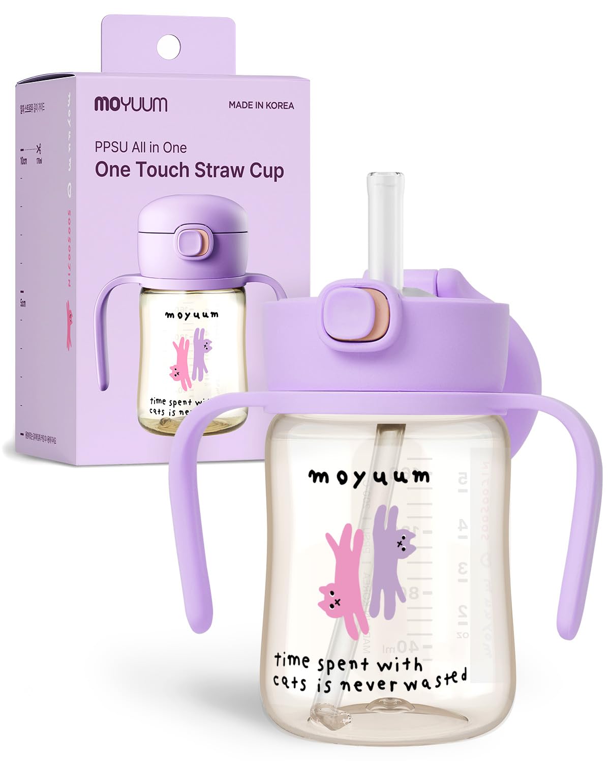 MOYUUM Leak Proof Sippy Cup with Handle | Made in Korea, 100% BPA Free PPSU, Magic No Spill Straw Cup with Attached Flip Top Lid, Easy to Hold for