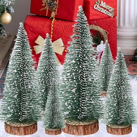 UPINLOOK 6PCS Mini Christmas Trees, Artificial Small Bottle Brush Trees Miniature Pine Trees with Snow and Wood Base for Xmas Holiday Party Tabletop Decors Cover