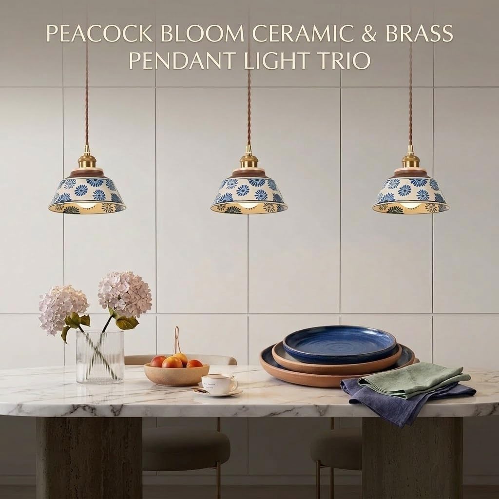 Blue and White Porcelain Pendant Light, Vintage Ceramic Hanging Lamp with Brass Finish & Adjustable Braided Cord, Retro Farmhouse Ceiling Fixture for Kitchen Island Dining Room Bedroom(Blue Floral)