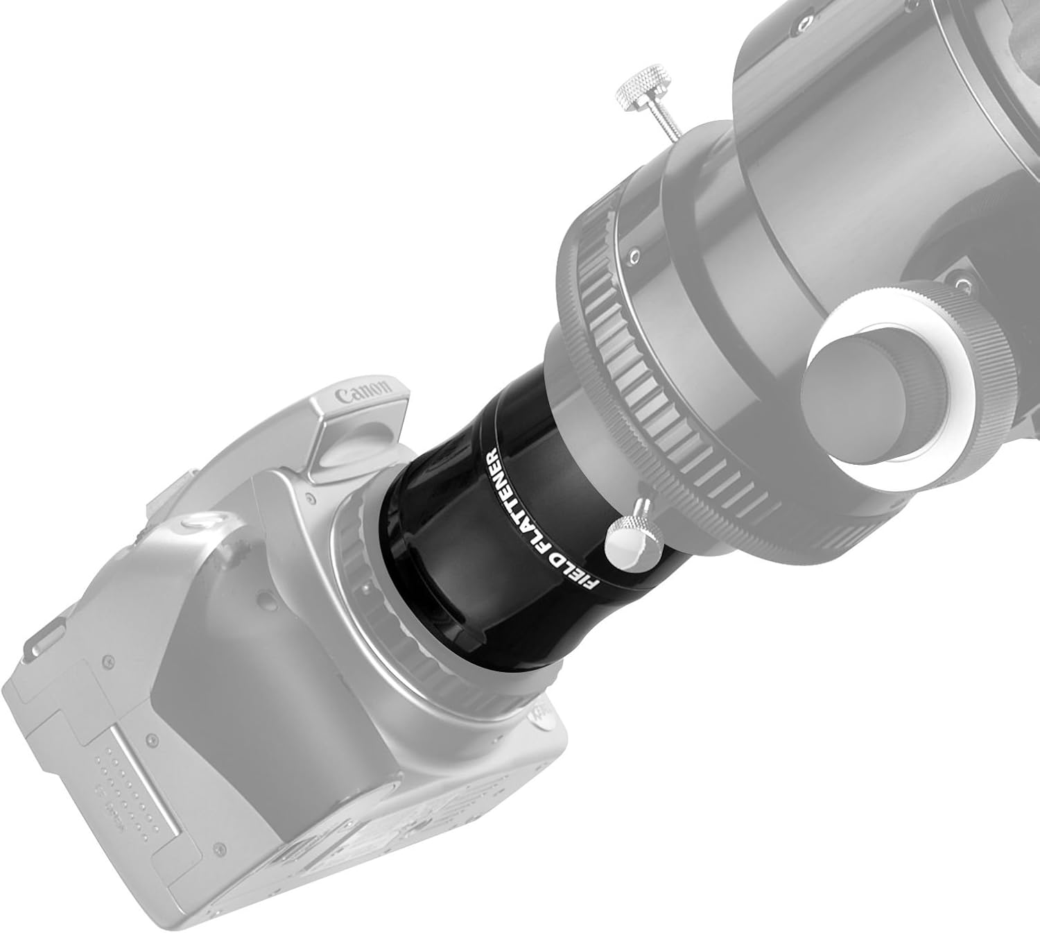 Orion 8893 Field Flattener attached to a camera and telescope