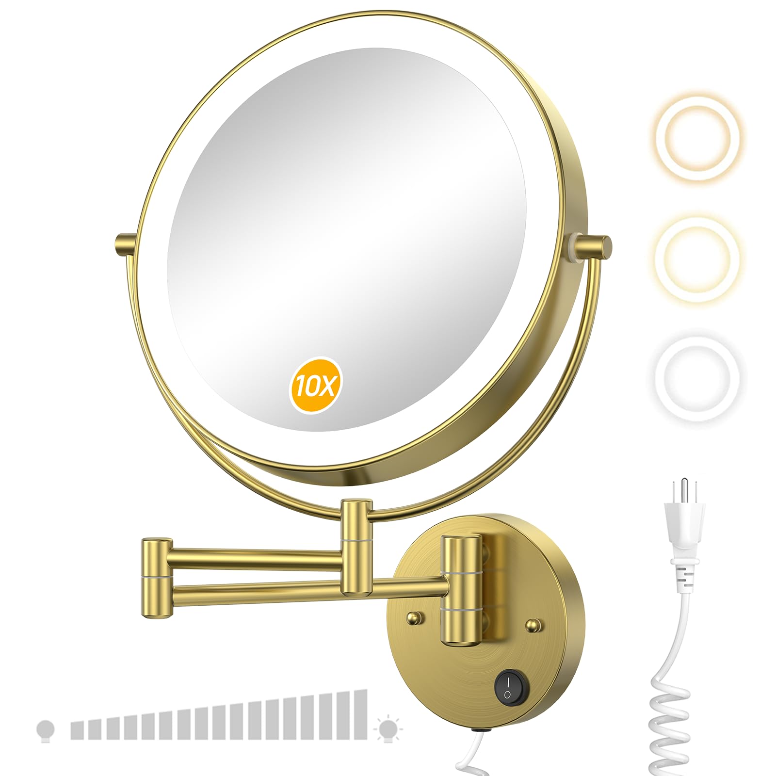 Gospire 9” Wall Mounted Lighted Magnifying Mirror, 1X/10X Magnification Double-Sided LED Bathroom Mirror, 3 Color Lights & Stepless Dimming with Touch Sensor, Extendable Arm 360° Swivel for Shaving