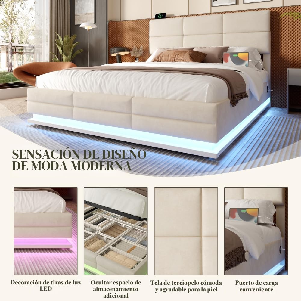 Lubvtti Cama acolchada con LED y puertos USB & TypeC, cama de matrimonio con contenedor hidráulico y cabecero regulable en altura, cama de matrimonio con canapé, terciopelo (beige, 160 x 200)
