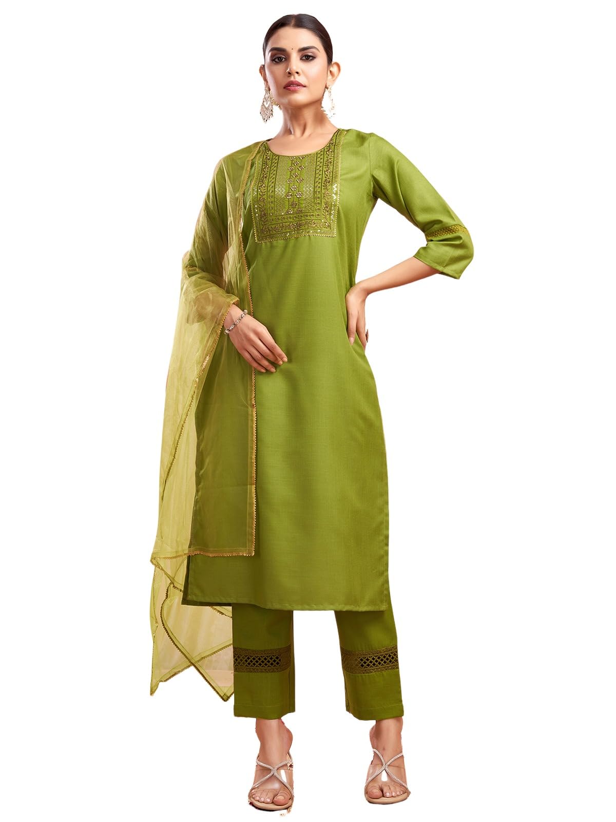 Sanisa Women's Cotton Blend Sequence Embroidery Work Straight Kurta With Pant And Dupatta Set (80Kbd895Nr-Xxl_Parrot Green)