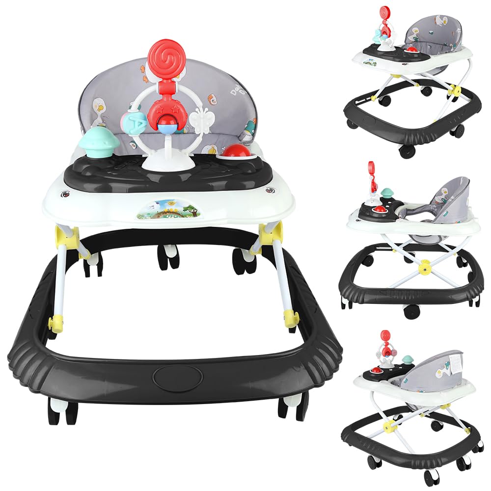 Baby Walker with Music Toy Tray, Adjustable Height, 360° Rotating Wheels, Foldable, Anti-Tip Design, Ages 6 Months +, Up to 12 KG, Black