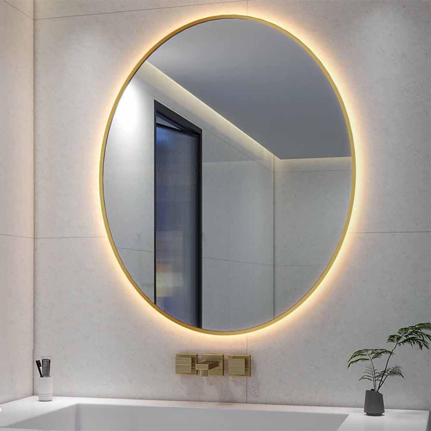 FGXHHS 3 Colors LED Bathroom Vanity Mirror 32"x24" Fogless Washroom Oval with Dimmable Illuminated Backlit Home Wall Decor Touch Button(with Frame,70x50cm/28x20in)