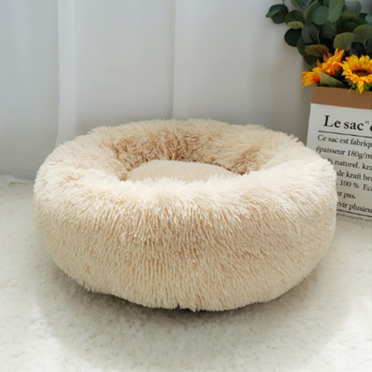Calming Dog Bed Cat Bed, Washable Round Dog Bed Anti-Slip Fluffy Faux Plush Donut Cuddler Cat Bed for Small Medium Large Dogs - Waterproof Bottom diameter39in