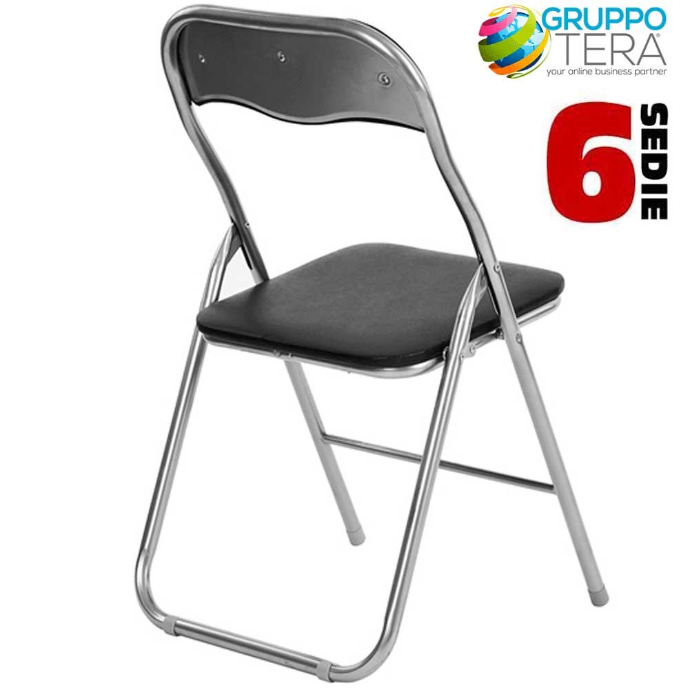 BAKAJI Set 6 Sedie Pieghevoli Imbottite Salvaspazio con Struttura in Metallo Cromato e Piedini Antiscivolo Sedia Metal (Nero)