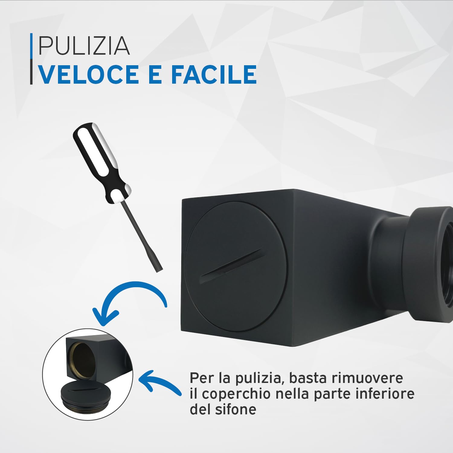 kör4u Sifone 1 1/4" x 32 mm, quadrato, nero opaco, con guarnizioni e rosetta