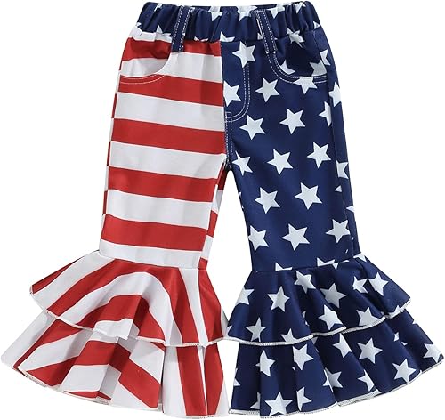 Merqwadd Pantalones acampanados del 4 de julio para niñas pequeñas, con volantes, para el Día de la Independencia, para niñas de 1 a 6 años