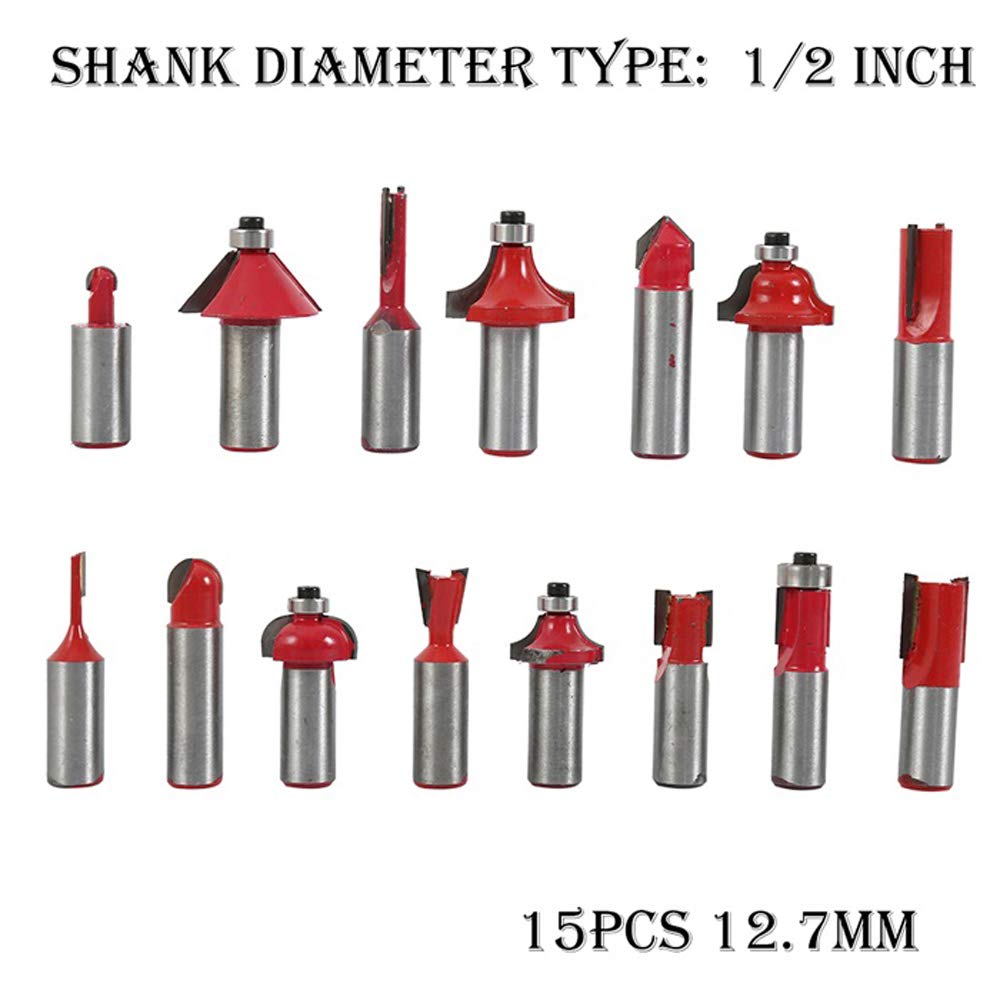 Juego de brocas de fresado de carburo de tungsteno de vástago de 1/2 pulgadas, kit de herramientas de carpintería para fresado de madera con estuche de madera para el hogar y bricolaje (rojo)