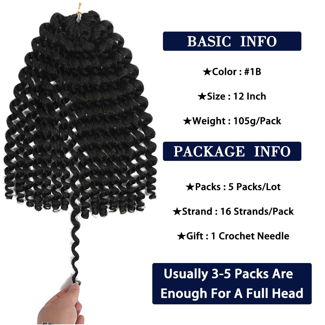 Jamaican Bounce Crochet Hair - 12 Inch Ringlet Twist Extensions with Jamaican Bounce (5 PCS, 1B)