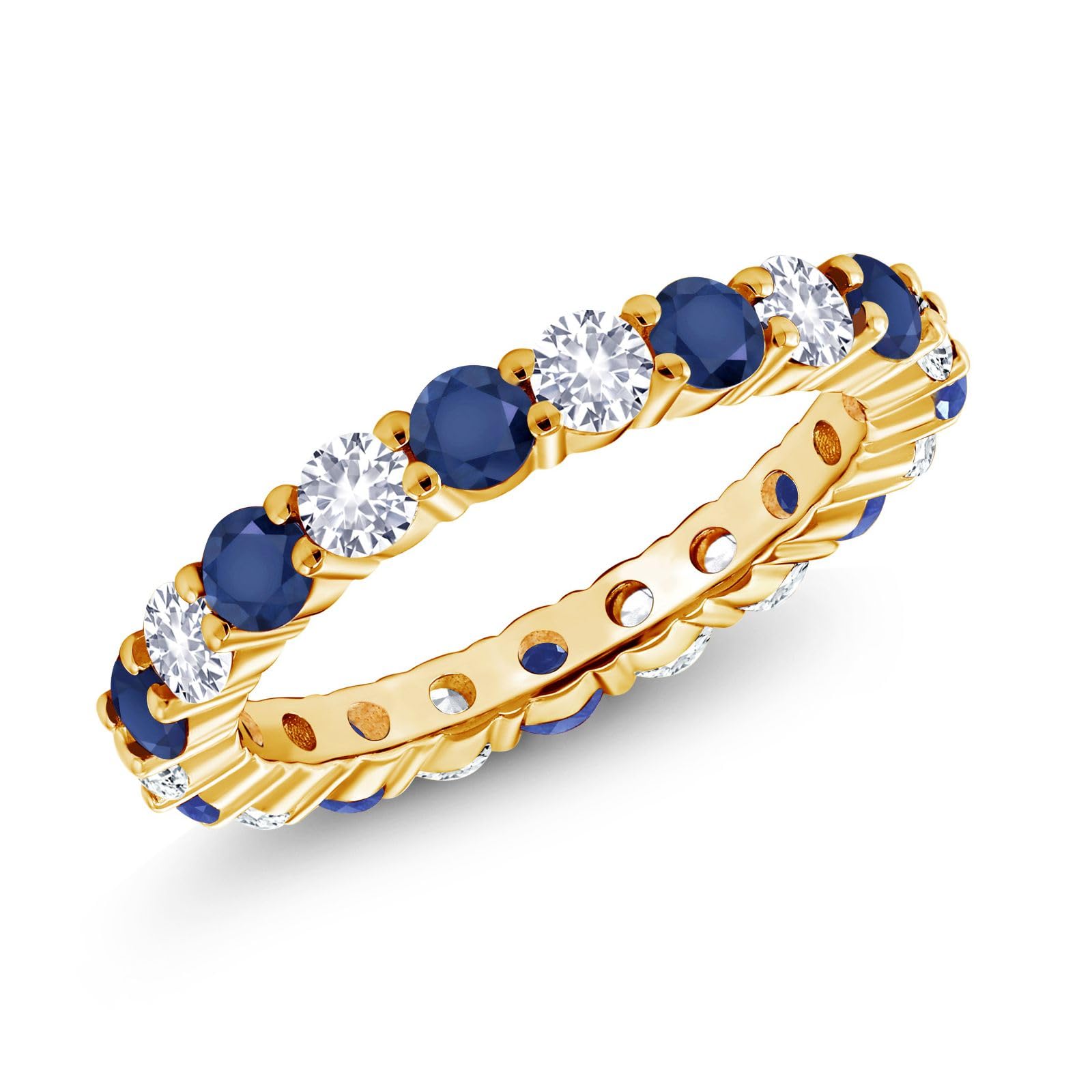 Gem Stone King 1.30 Cttw Round Blue Sapphire and White Created Sapphire Eternity Band Ring | 18K Yellow Gold Plated Silver | Wedding Engagement Anniversary Promise Ring For Women