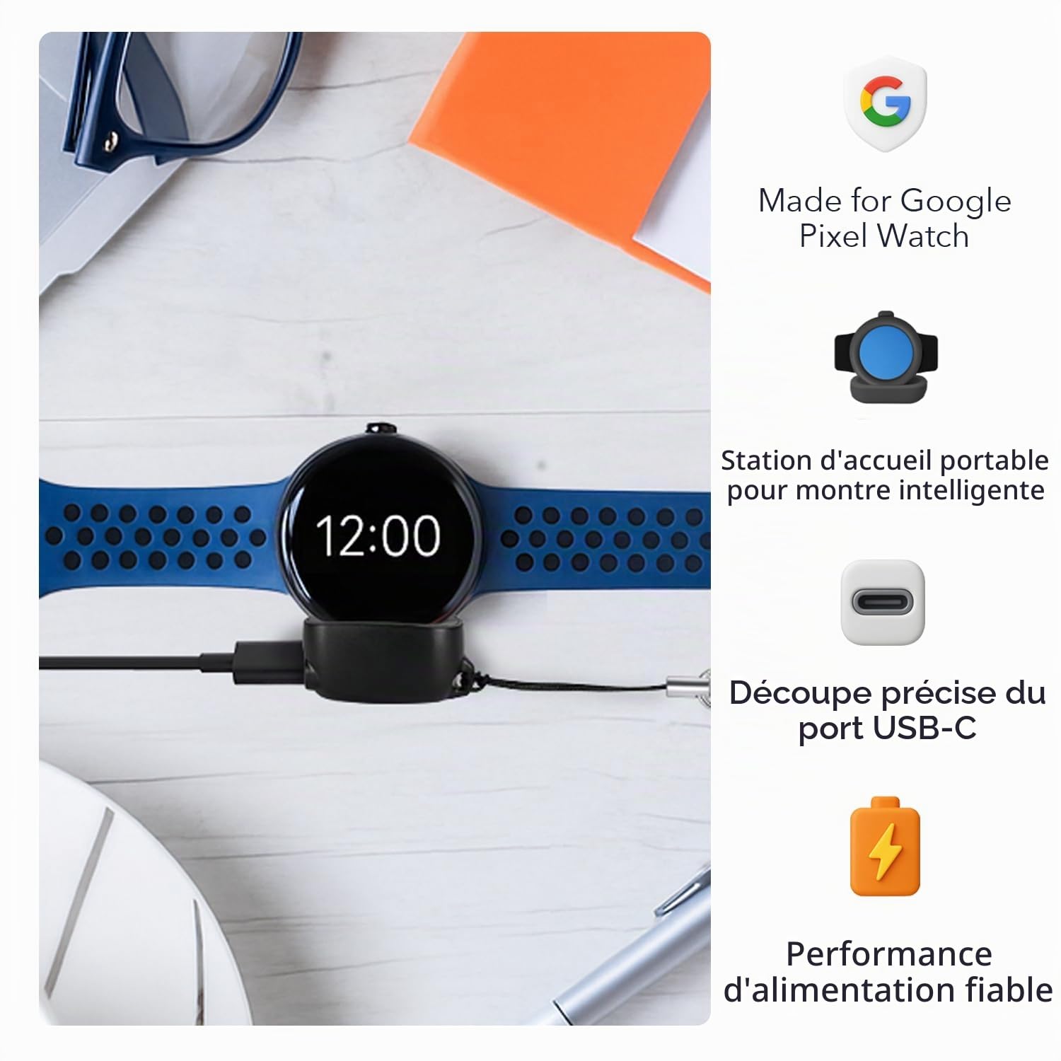 Wasserstein Chargeur on-The-Go Compatible avec Google Pixel Watch 4 (41 mm et 45 mm) – Station de Charge Portable – Fabriqué pour Google – Non Compatible avec Pixel Watch, 2 et 3