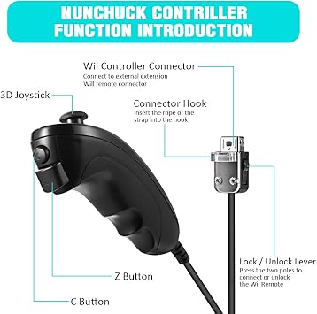 KIWITATA 2 Pack Wii Nunchuck Controllers, Wired Remote Nunchuk Joystick Replacement Gamepad Controller for Wii Wii U Video Game Console Black