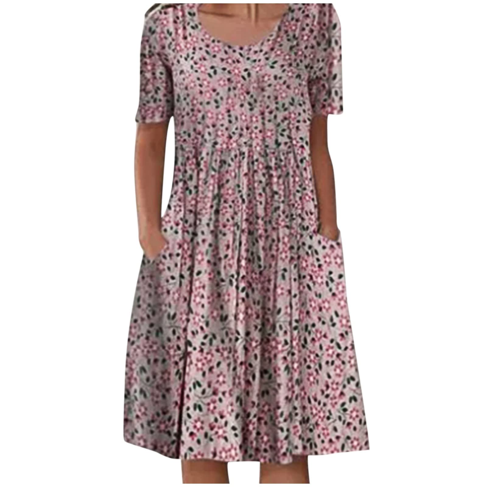 Womens O Neck Short Sleeve Casual Skirt Pocket Floral Midi Shift Dress,Women's Summer Dresses Spaghetti Strap Beach Wear Cover Ups V Neck Casual Dress with Pockets