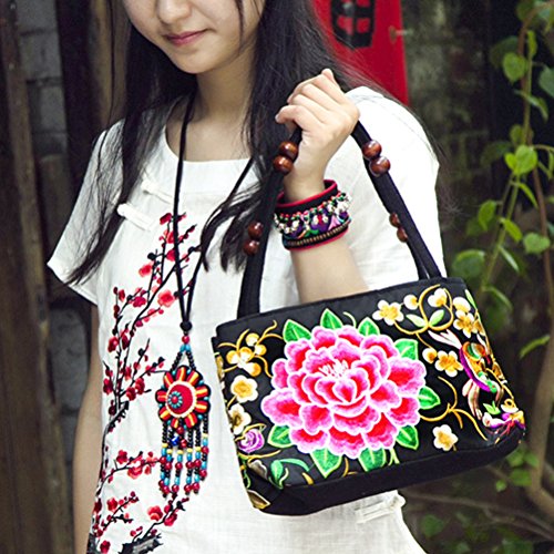 Bolsa de ombro vintage feminina Tinksky bordada com flores de peônia Bolsas bordadas com contas de m