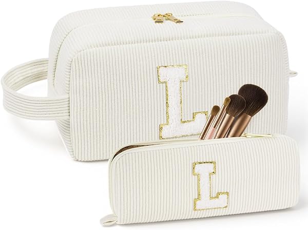 Set Neceser Mujer Personalizado Inicial, 2 piezas Neceser de Maquillaje de Pana, Bolsa de Cosméticos de Viaje, Bolsa de Aseo con Letra, Regalo para Mamá Mujeres Novias Mejores Amigas (Beige - L) - 1