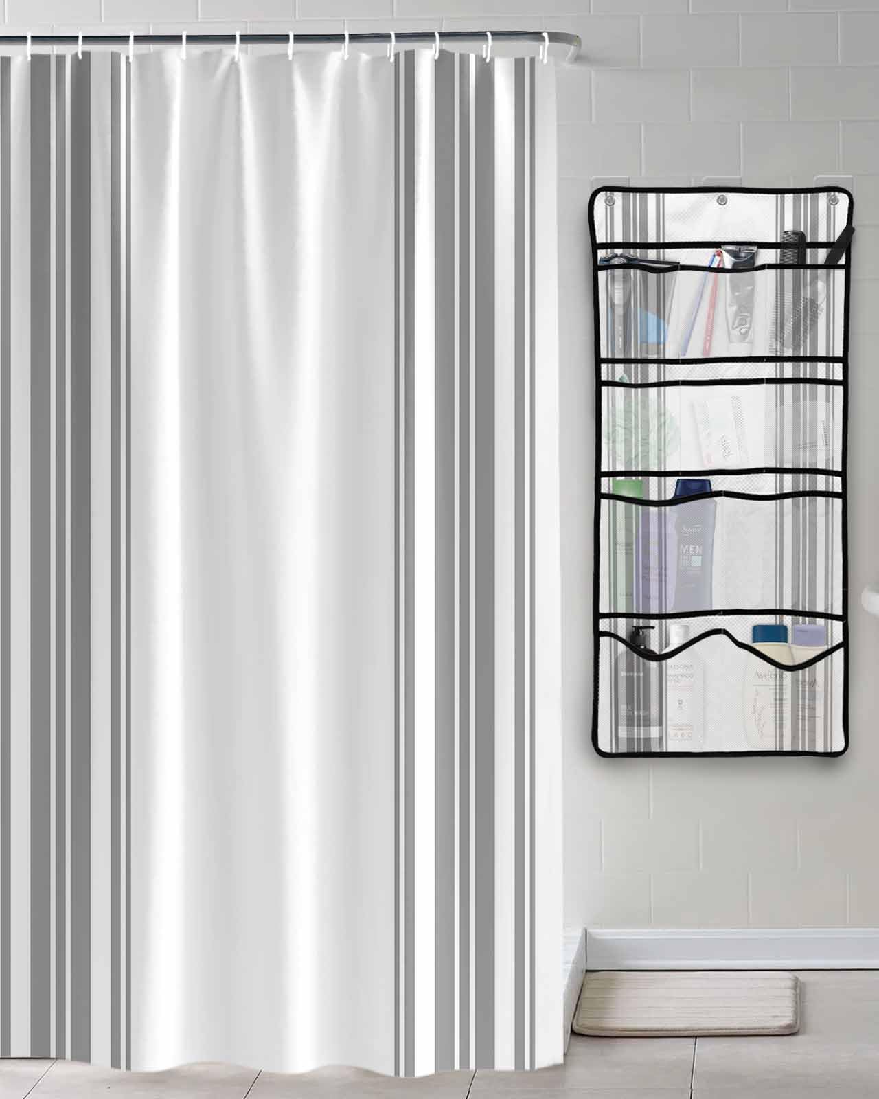 Shower Curtain Mesh Shower Organizer Hanging Set Colorful Stripes Grey Wood Texture White Waterproof Shower Curtains with 10