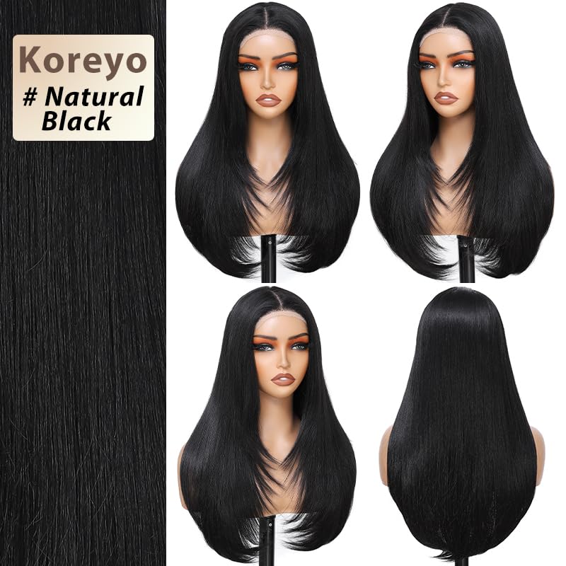 Synthetic Lace Front Wig 5x4x1 Black Layered Wig for Black Women HD Lace Hand Tied Pre Plucked Long Straight Glueless Wigs Suitable For Everyday Wear (Natural Black, 26 Inch)