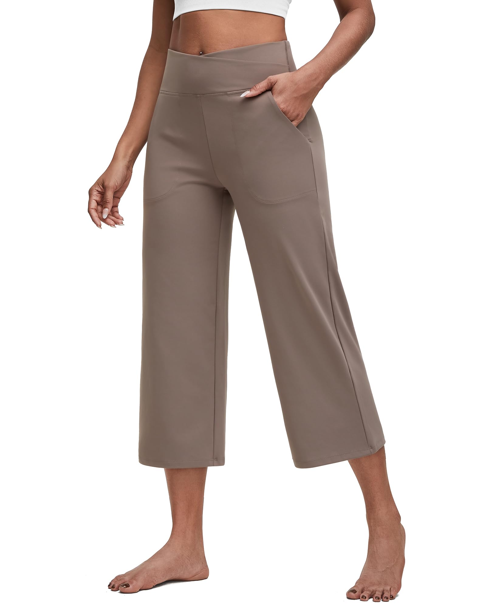 G4Free Capri Pants for Women Wide Leg Yoga Dress Capris with Pockets Cross Loose Casual Work Crop Pants