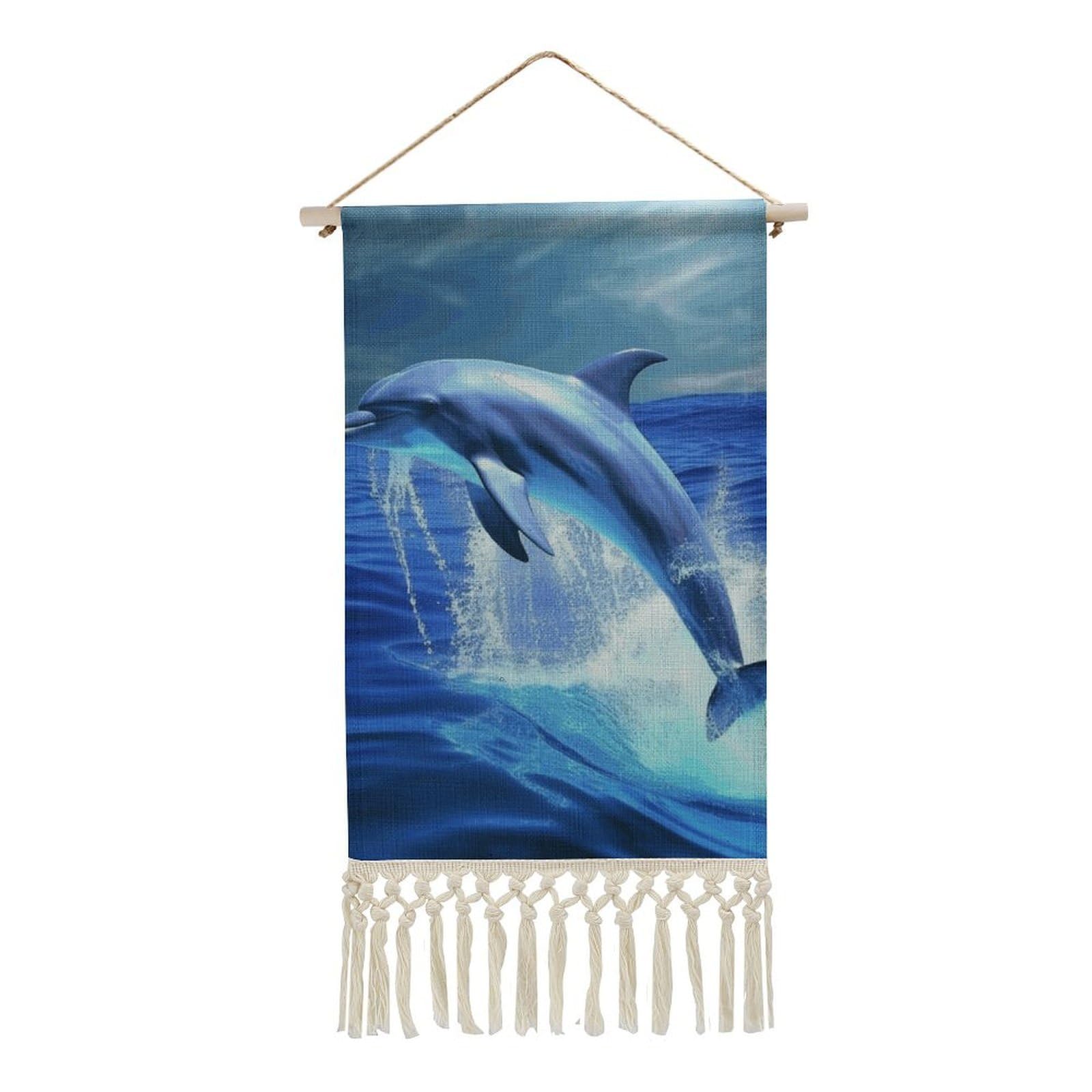 BTCOWZRV Cotton And Linen Hanging Poster with Tassels, Blue Ocean Dolphin Wall Hanging Tapestry Vintage Wall Art Painting Modern Artwork Decoration for Home Decor Ready to Hang 10x19.6 in