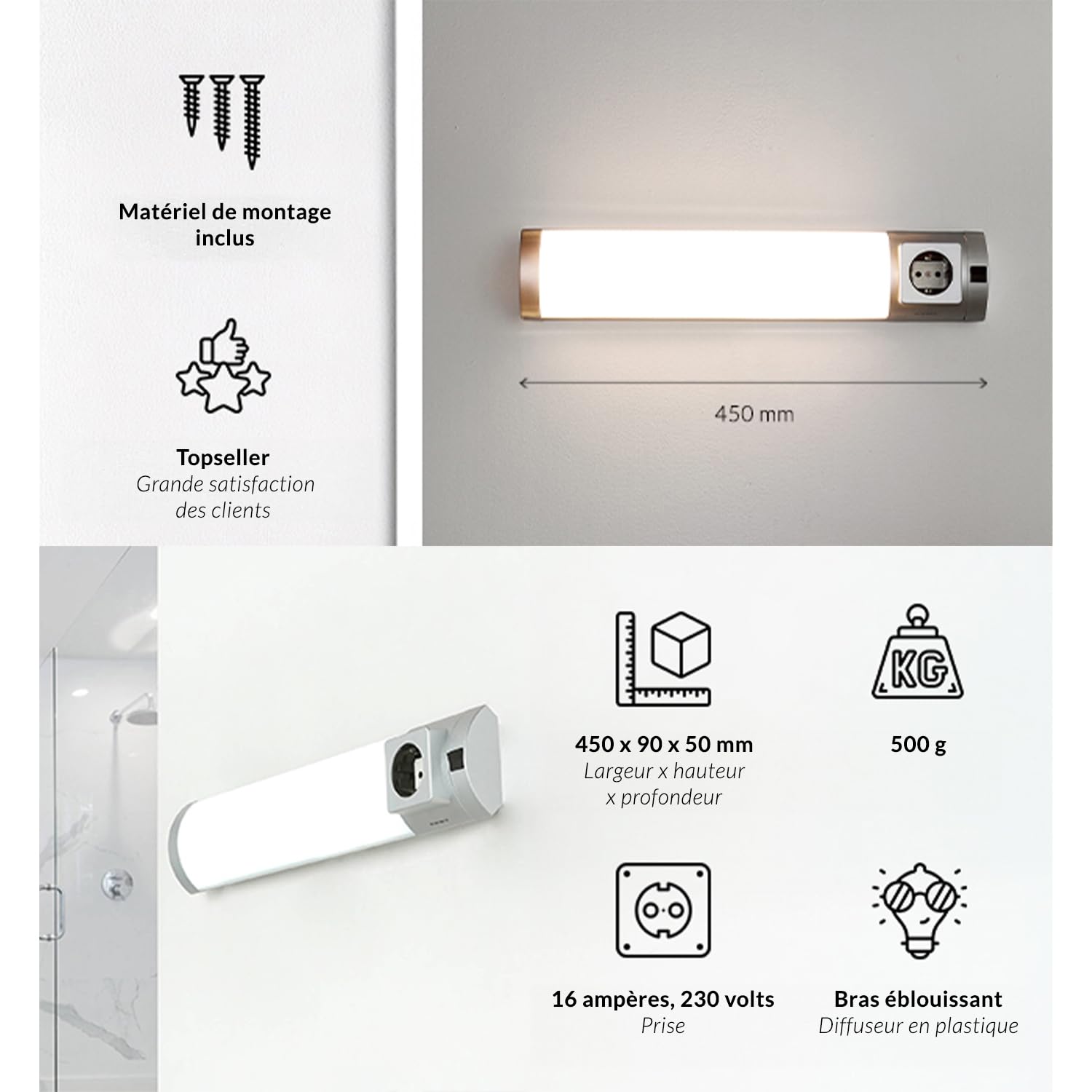 Luminaire d'agencement cuisine led, blanc, 45 cm, Applique murale avec interrupteur pour cuisine et salle de bains, Lampe pour miroir avec prise et interrupteur, Éclairage LED à faible éblouissement
