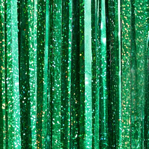 Image of PartyWoo Green Streamers Backdrop 2pcs 3.3x6.6 ft Green Tinsel Foil Fringe Streamer Curtains Photo Backdrop for Graduation Birthday Wedding Dinosaur Jungle Golf Football Theme Party Decorations
