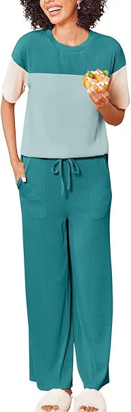 Womens Pajama Sets Color Block Knitted Casual Crewneck Long Sleeve Sleepwear Tops Shirt with Long Pajama Pant Set