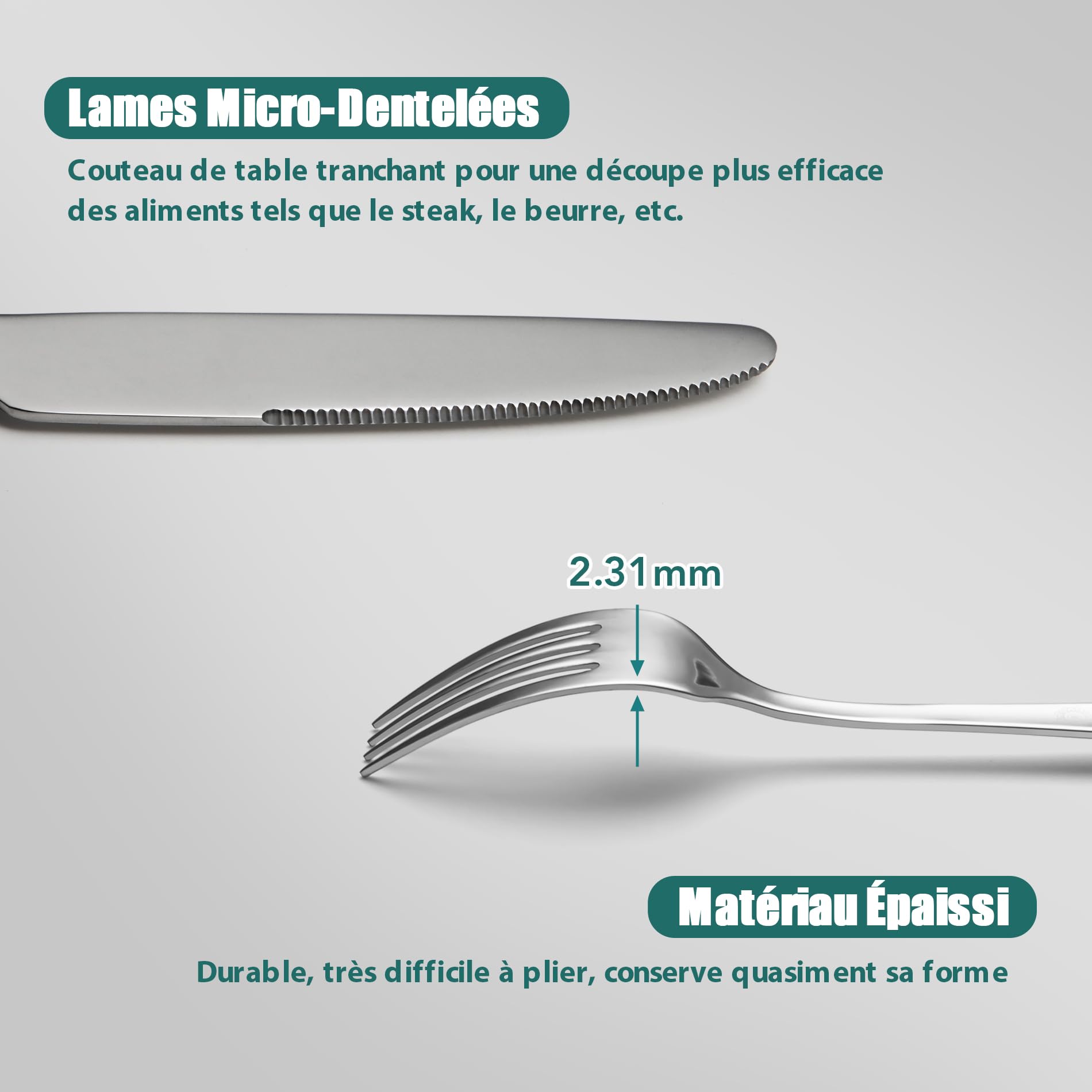 Lot de 60 Couverts de Table Inox pour 12 Personnes, Couteau Fourchette Cuillère, Motif Unique, Finition Brillante, Idéal Maison Cuisine, Lavable au Lave-Vaisselle