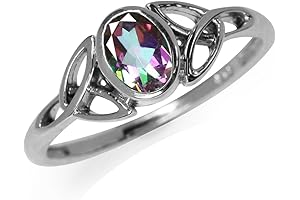 【Birthstone Rings】7x5MM Oval Shape Mystic Topaz Rings for Women Sterling Silver Triquetra...