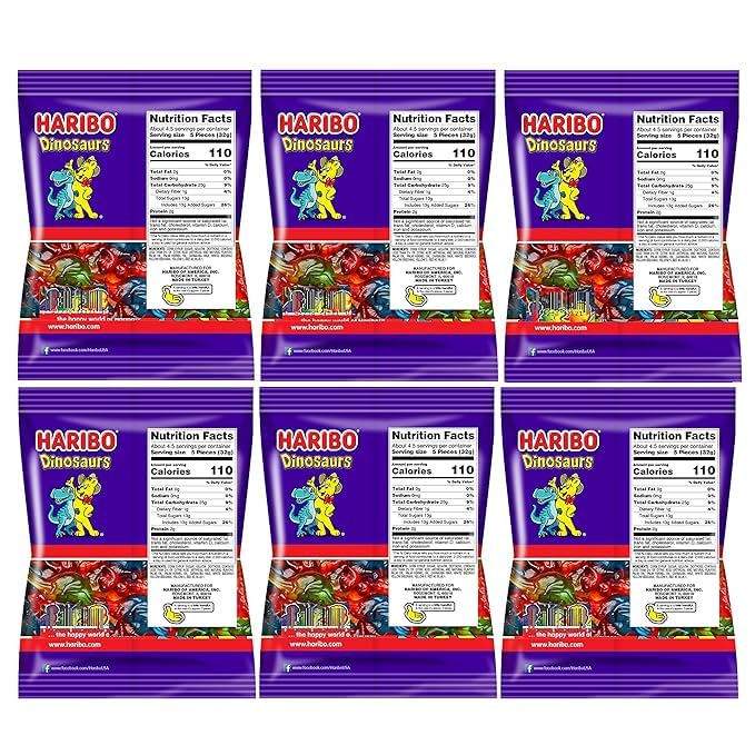 Miniatura 2 de Haribo Dinosaurs  Paquete de 6 (bolsas de 5 onzas), variedad de sabores de frutas, caramelos de goma para cines, Halloween y Pascua, incluye formas