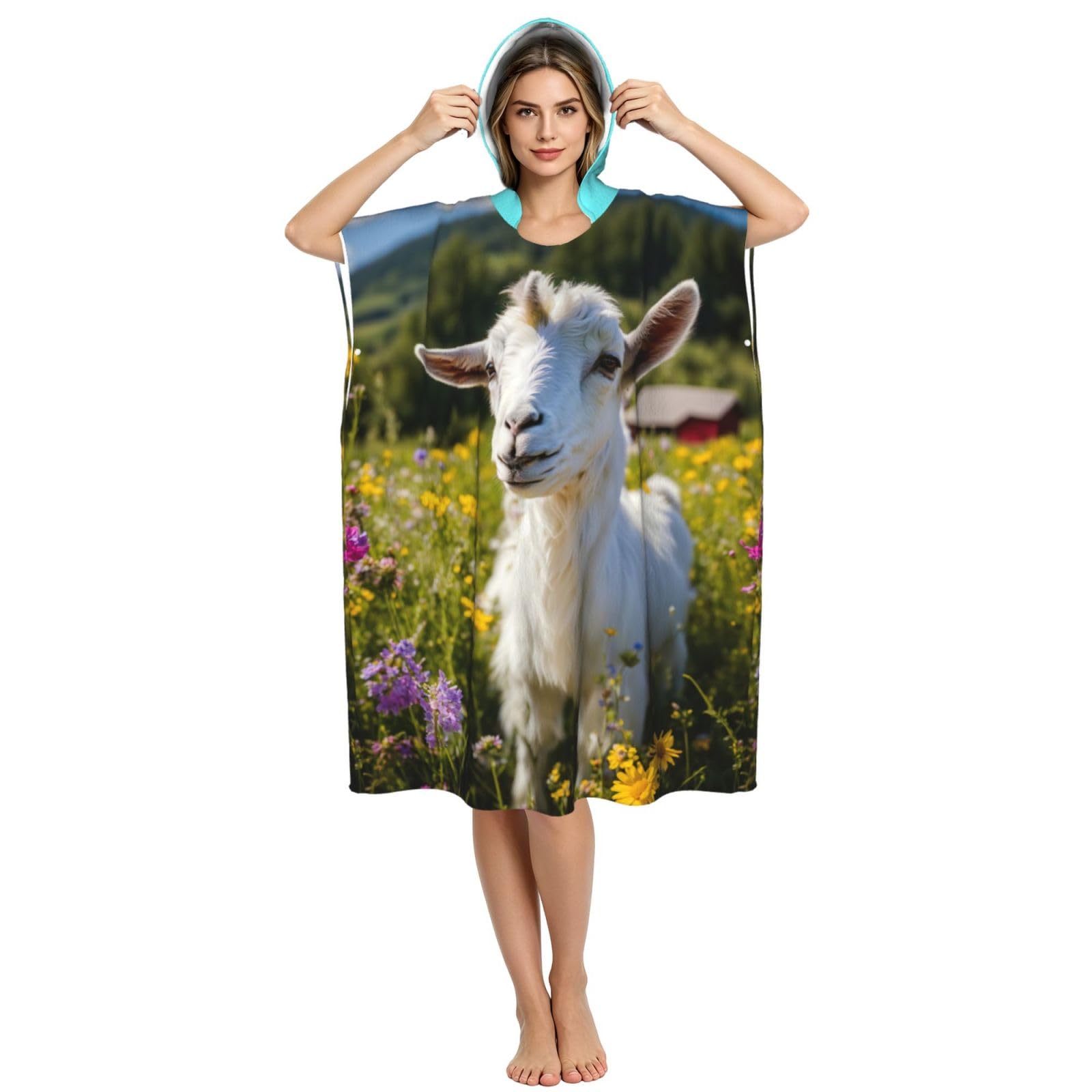Yyoretp Goat Print Surf Poncho Changing Towel Swim Robe Hoodie Quick Dry Terry Cloth Swimming Cover Up