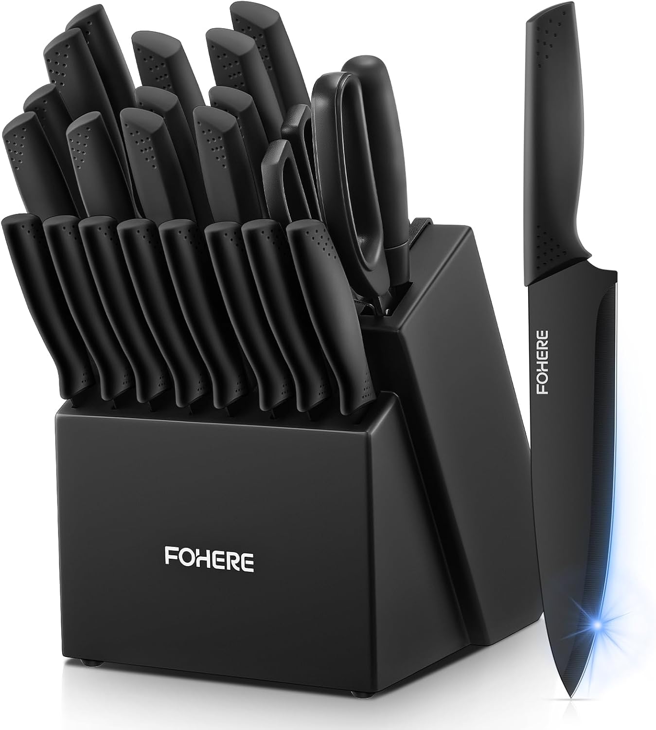 Knife Set FOHERE 23 Pieces Kitchen Knives Set with Block High Carbon Stainless Steel Self-Sharpening Knife Block Set with Built-in Sharpener and Wooden Block with Cheese and Pizza Knife, Black