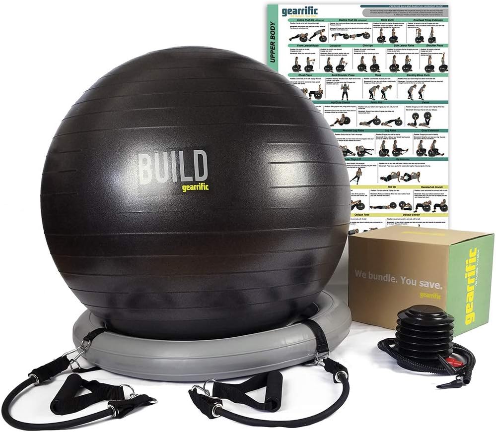 Gearrific Workout Ball Set: Exercise Ball with Resistance Bands, Inflatable Stability Base, Guided Poster & Pump
