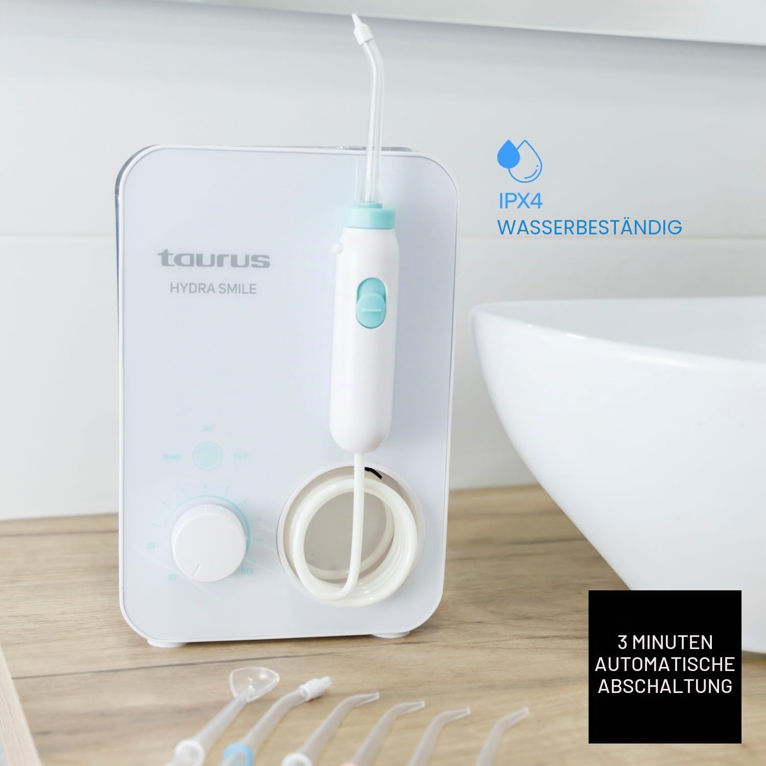 Taurus - Munddusche 20W | 600 ml Reservoir | 10 Druckstufen | 3 Modi | 7 Düsen | 1.200–1.700 Puls/Min | Touch-Bedienung | Auto-Off