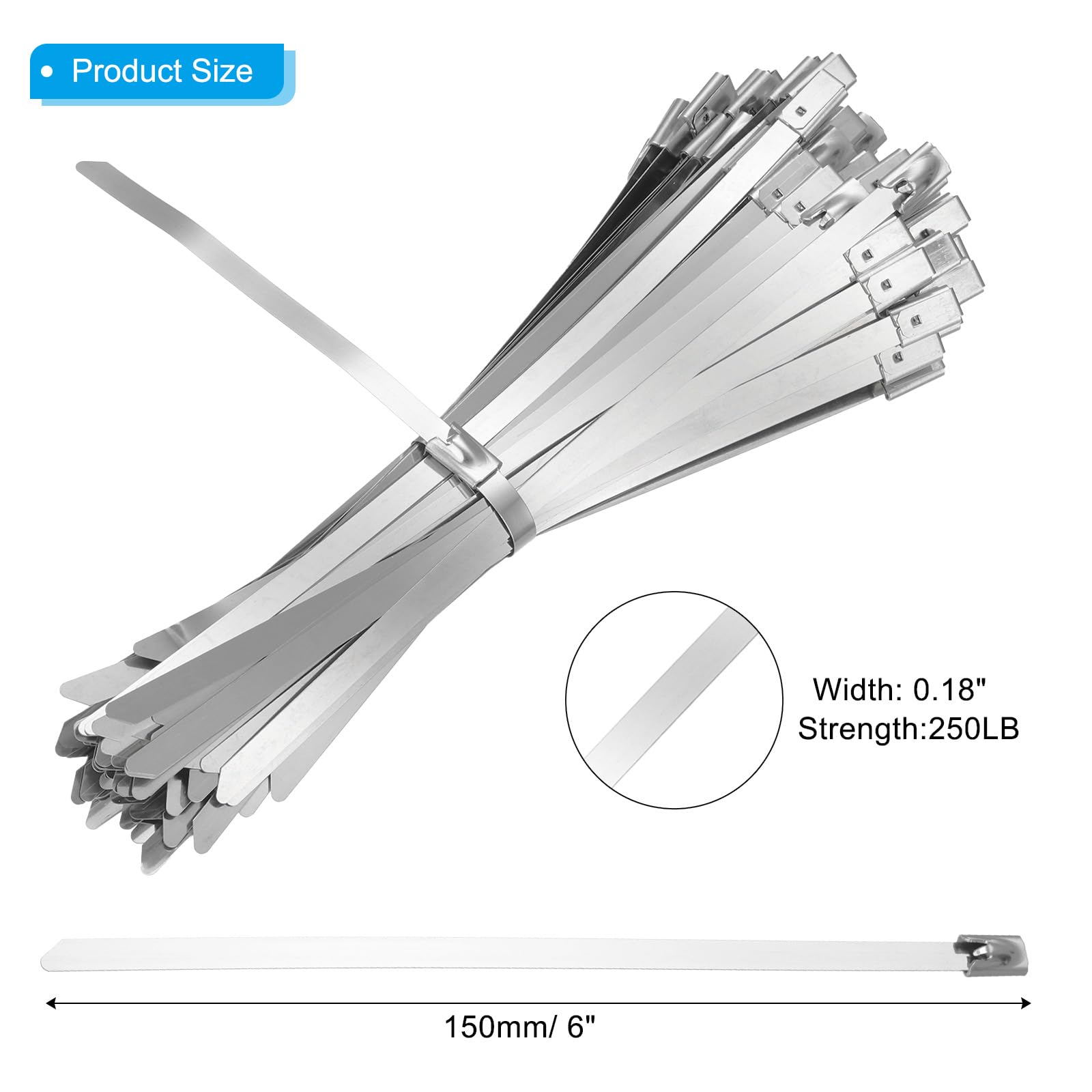PATIKIL Metal Zip Ties 100 Pcs, 6 Inch Heavy Duty 304 Stainless Steel Self-Locking Cable Ties - Image 2