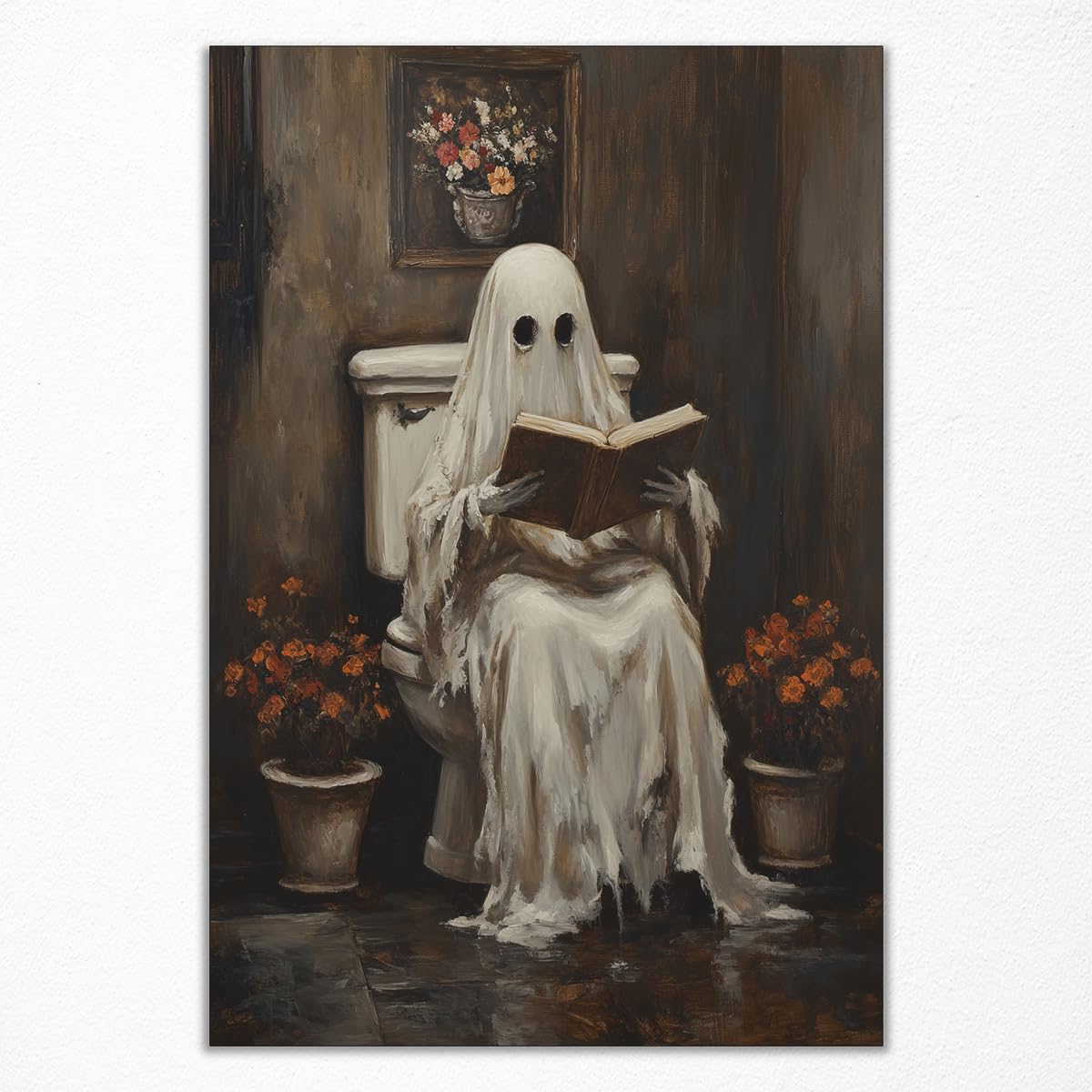 sdgobvco Book Reading Ghost on Toilet Wall Art, Cute Funny Ghost Painting Poster, Vintage Halloween Picture Art Canvas, Gothic Bathroom Poster, Dark