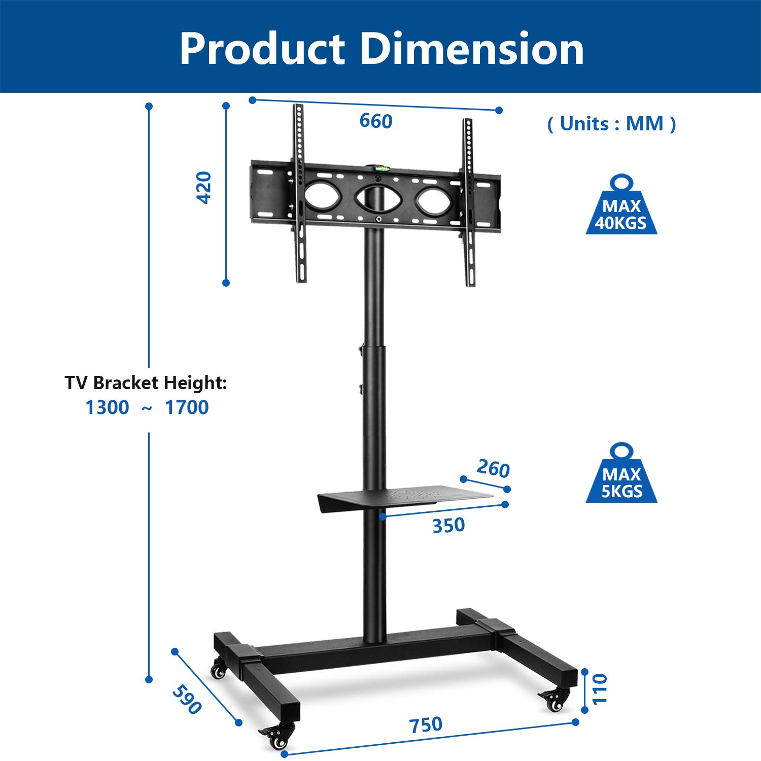 ONKRON Mobiele TV Standaard op Wielen voor 40-70 Inch Scherm, TV Beugel Wagen tot 45,5 kg - TV Meubel Verrijdbaar VESA 100x100-600x400 mm/ Vloerstandaard Televisie Hoogte Verstelbare TS1551-B Zwart