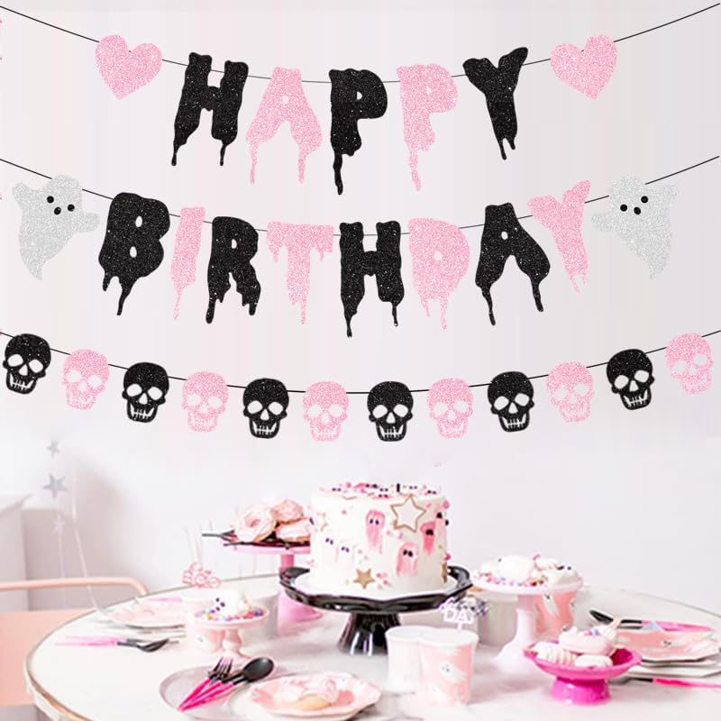 Pink Glitter Halloween Birthday Banner Black and Pink Heart Skull Garland Happy Birthday Decorations for Halloween Party Decorations Theme Baby Shower Supplies - Image 4