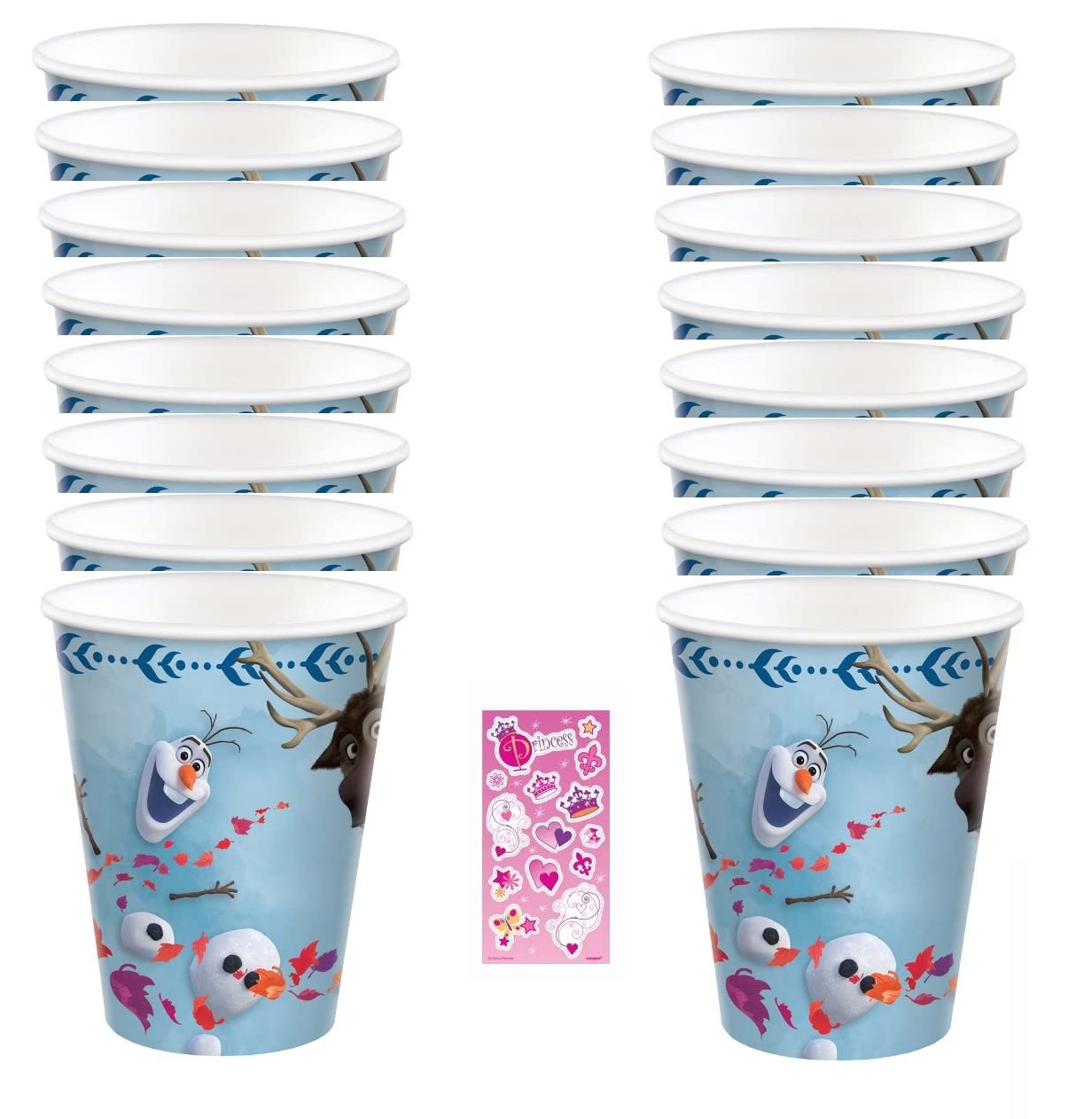 Frozen 2 Elsa Anna Olaf Birthday Party Supplies Bundle includes 16 Party Paper Cups and 1 Dinosaur Sticker Sheet