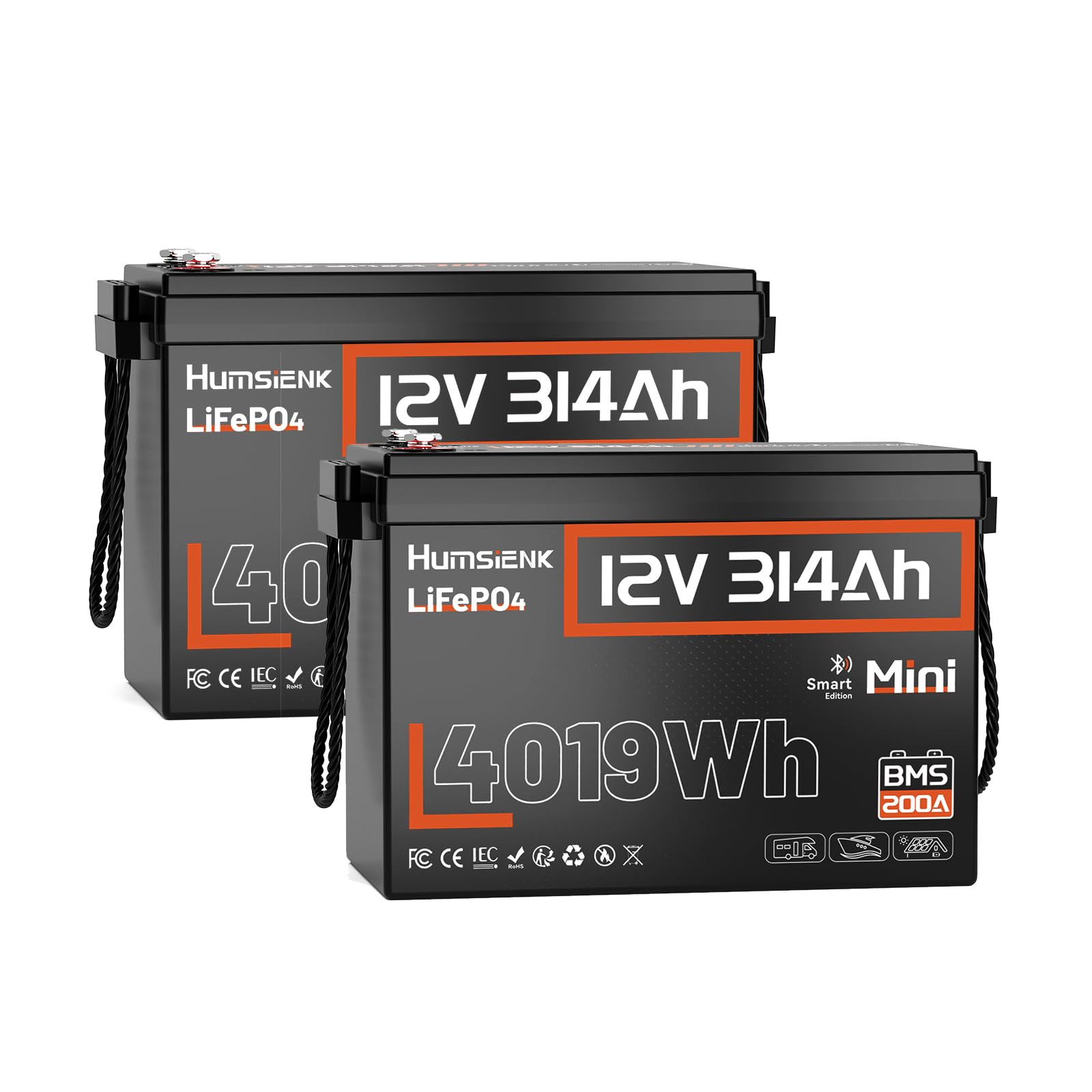 HumsiENK 12V 314Ah LiFePO4 Battery with 4019Wh capacity and 200A BMS displayed prominently.