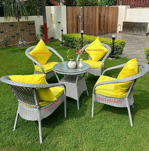 India 4+1 Outdoor Indoor Patio Furniture Sets Chair Patio Set Lawn Chairs Balcony Outdoor Garden Furniture with Yellow Cushion & Pillow (Silver with White line Colour)-image-11