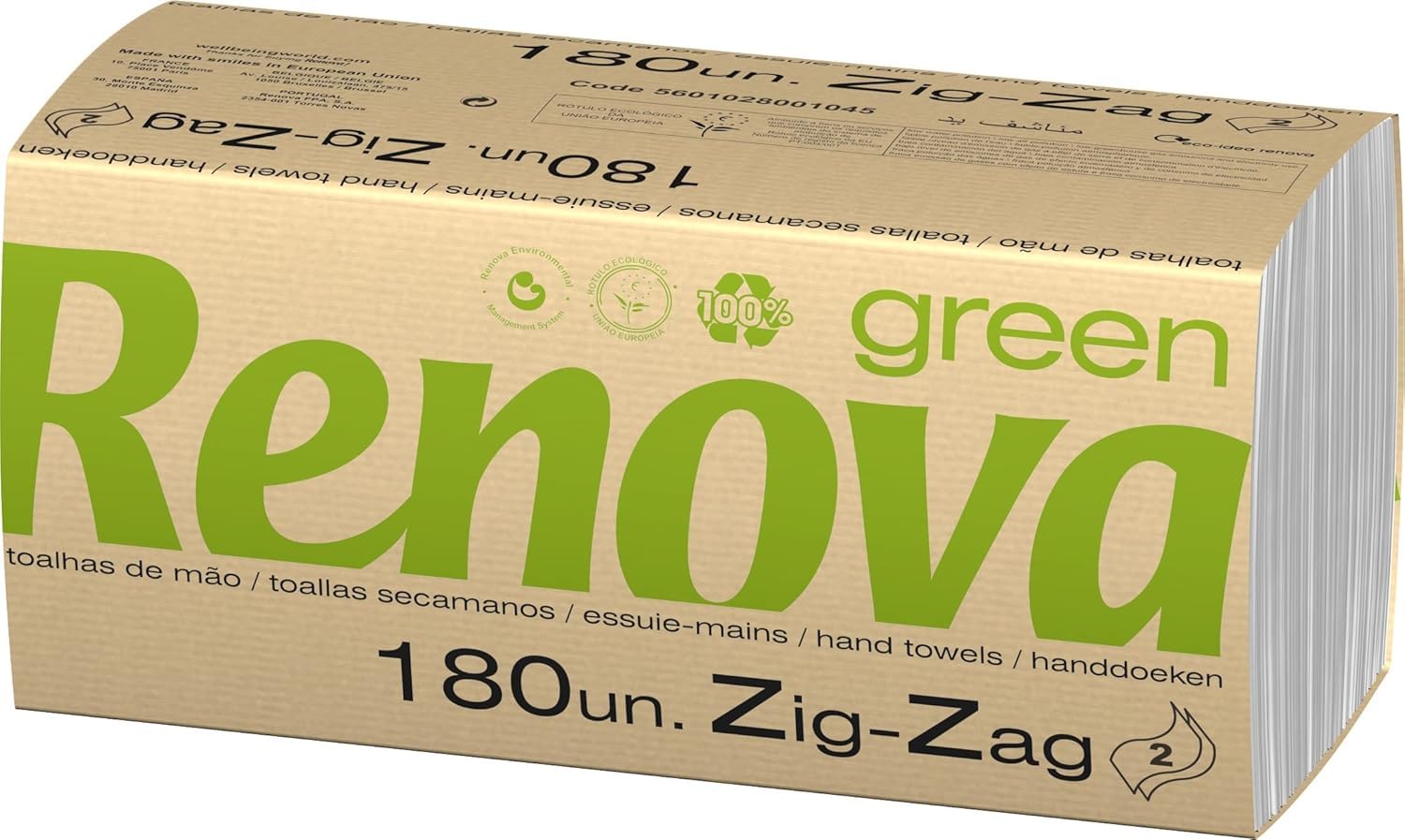 Renova Zig-Zag Renovagreen Lot de 20 paquets de 180 serviettes en papier recyclé 2 couches, certifié FSC et Ecolabel