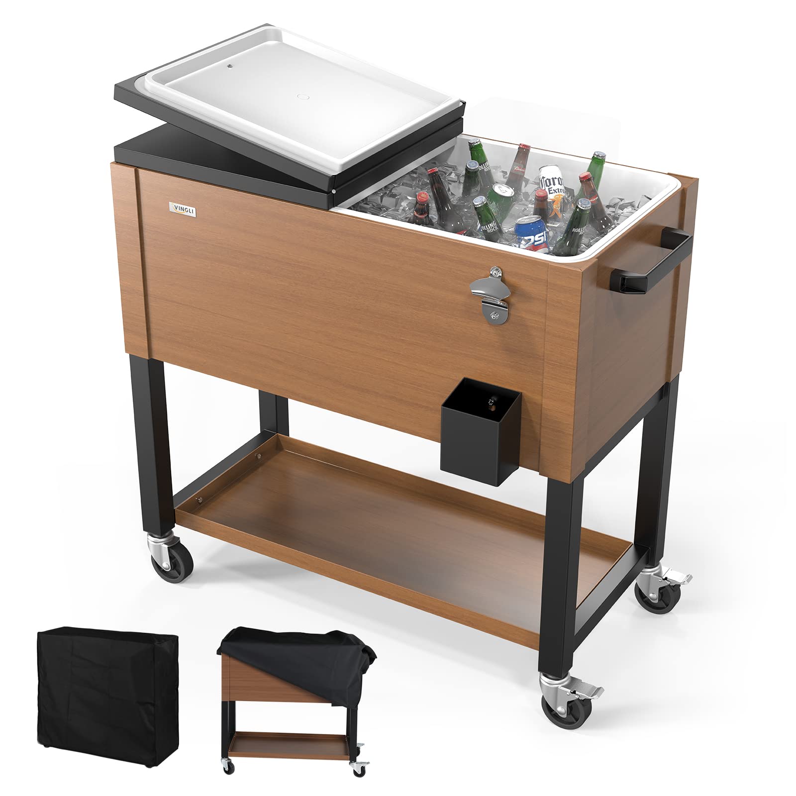 VINGLI 80 Quart Rolling Ice Chest on Wheels, Patio Cooler Cart, Beverage Rolling Cooler for Outdoor Patio Deck Party