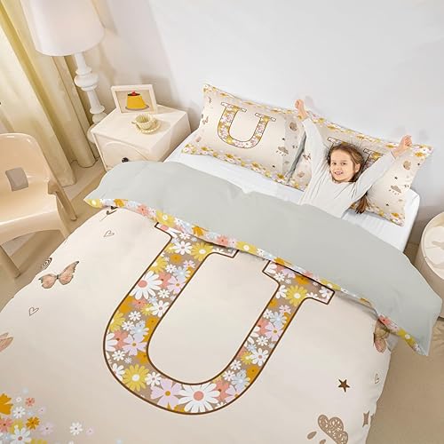 Miniatura 26 de Erosebridal Groovy - Juego de funda de edredón de flores vintage de los años 70 y 80, diseño floral personalizado, con inicial G, juego de cama