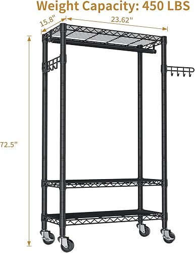 Miniatura 5 de Perchero portátil con ruedas para colgar ropa, perchero de alambre ajustable resistente con cesta y barra de colgador, estante de metal